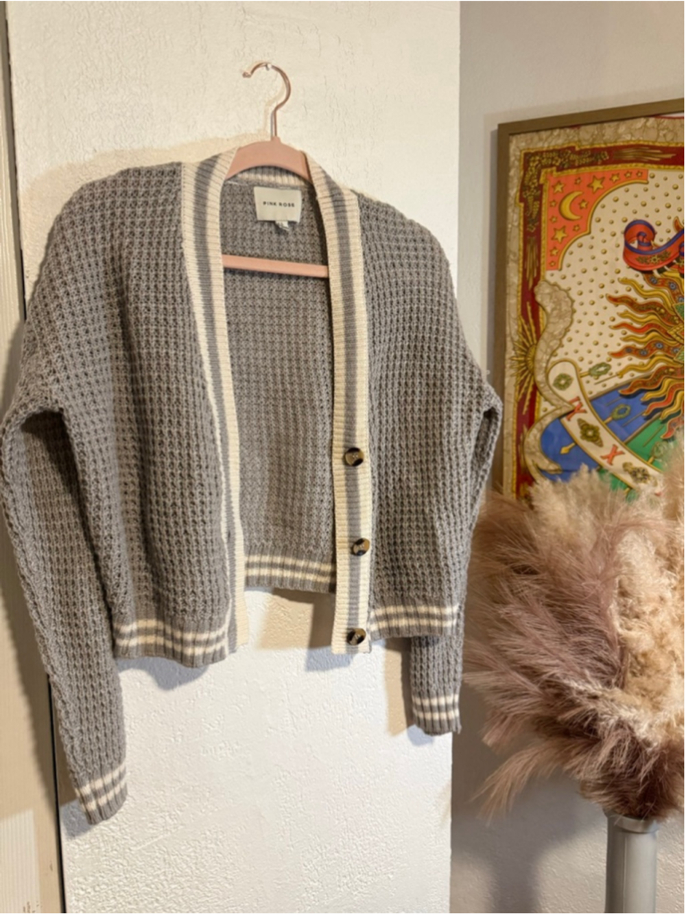Preowned, Pink Rose waffle knit cardigan, grey/white button-up sweater,Large